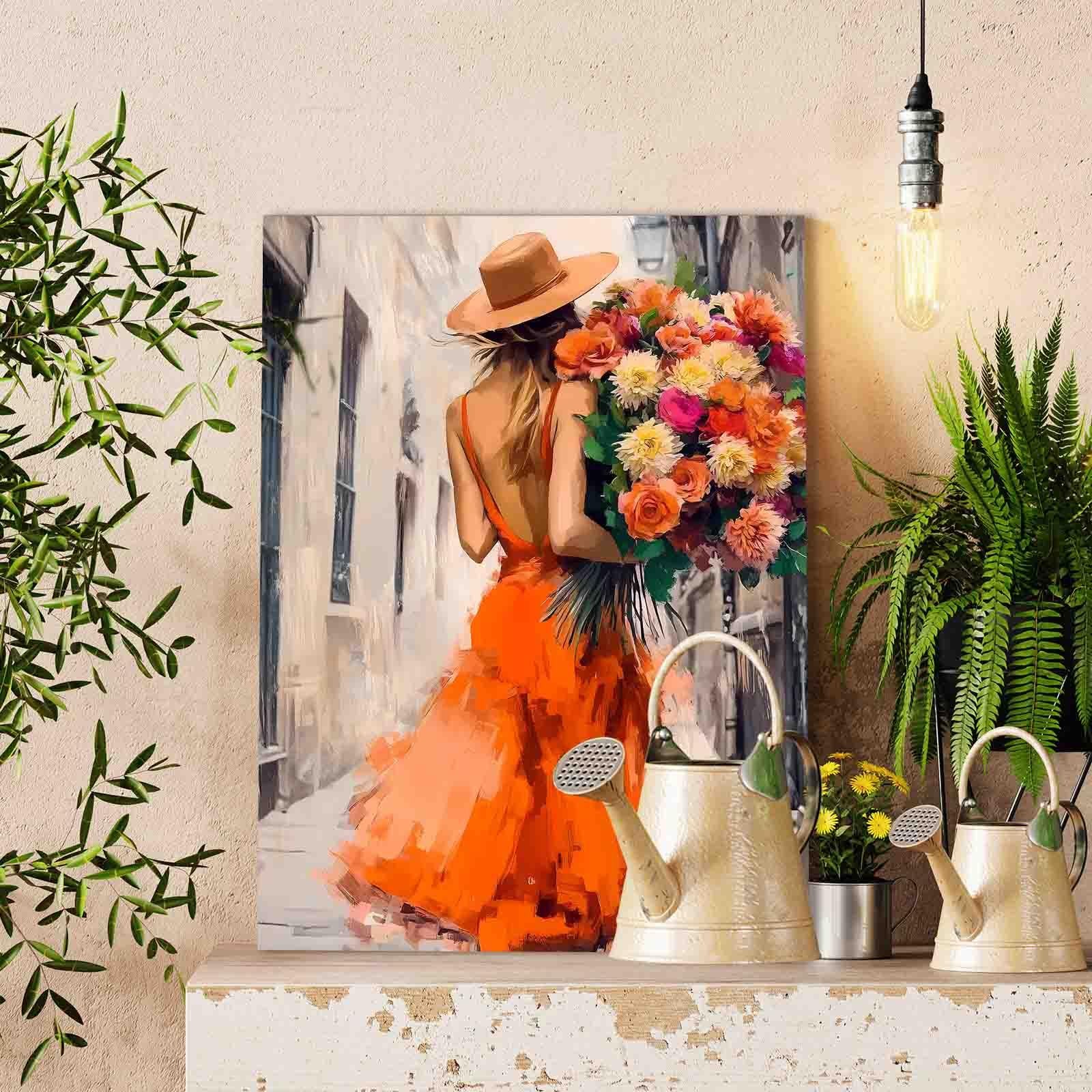 tucocoo-woman-orange-dress-flowers-malen-nach-zahlen-40x50 image 2