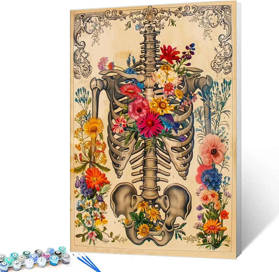 tucocoo-paint-by-numbers-human-skeleton-and-flowers-malset-40x50 image 1