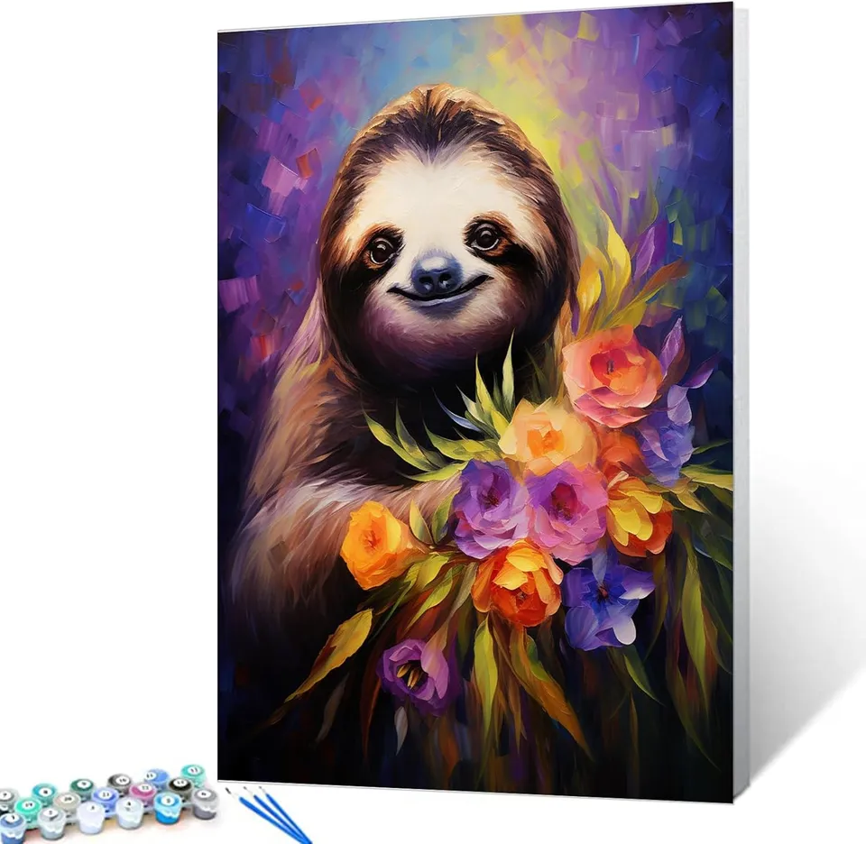 tucocoo-paint-by-numbers-faultier-mit-blumen-malen-nach-zahlen-40x50 image 1