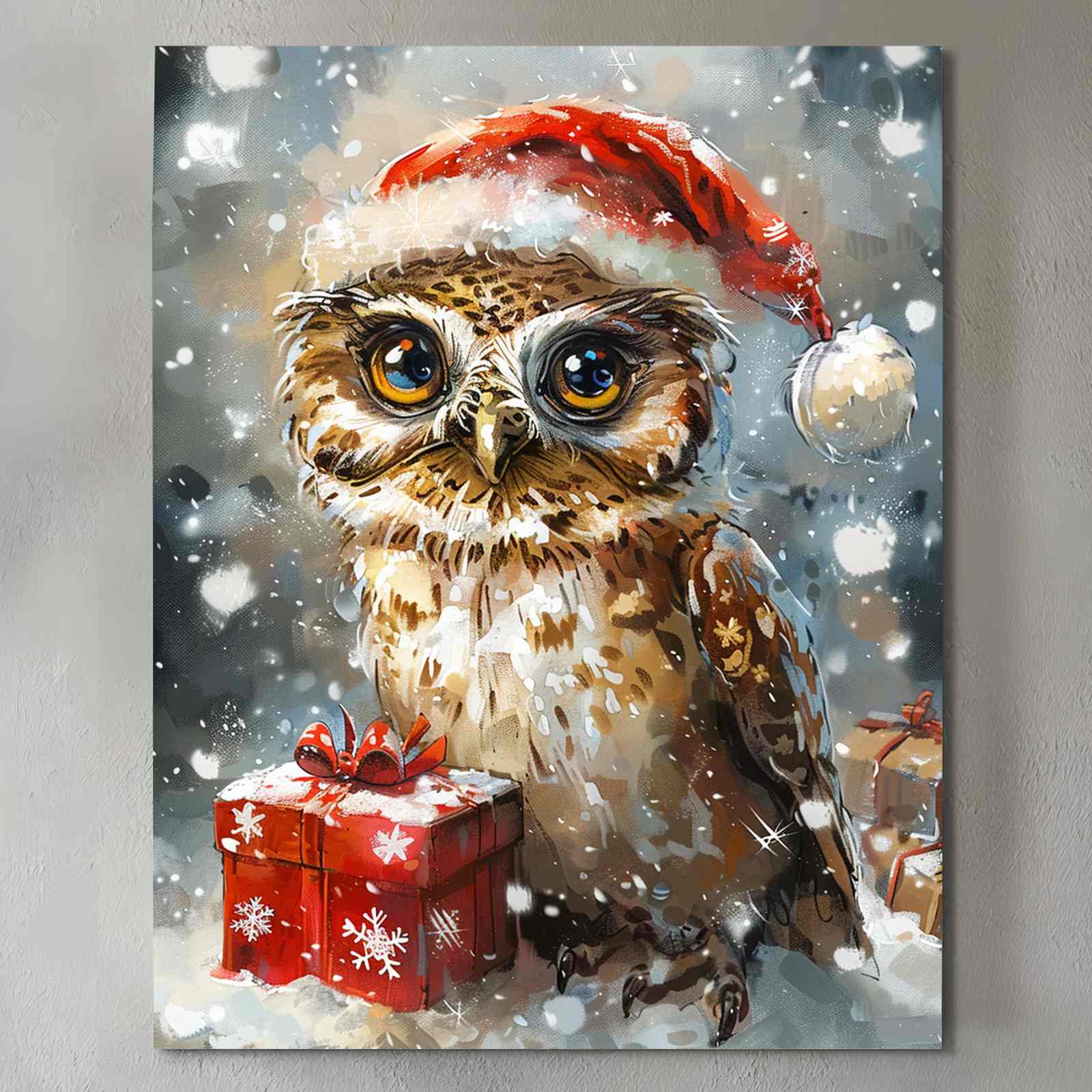 tucocoo-santa-owl-with-gift-in-snowy-christmas-leinwandbild image 2