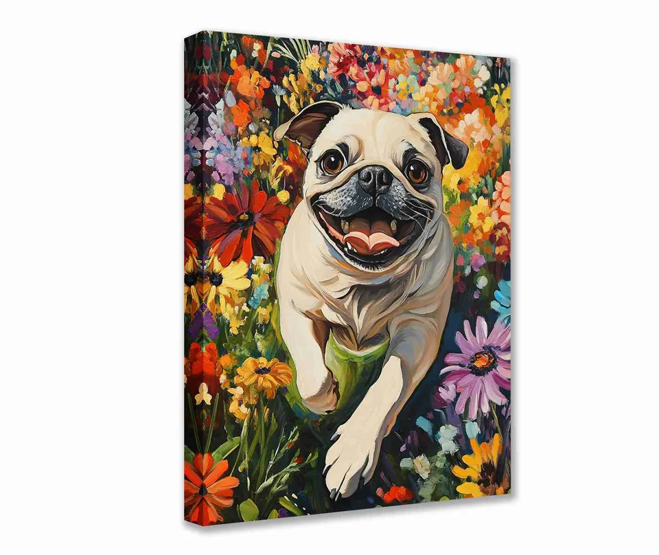 tucocoo-happy-pug-blumenfeld-leinwandbild-30x40cm-gerahmt image 1