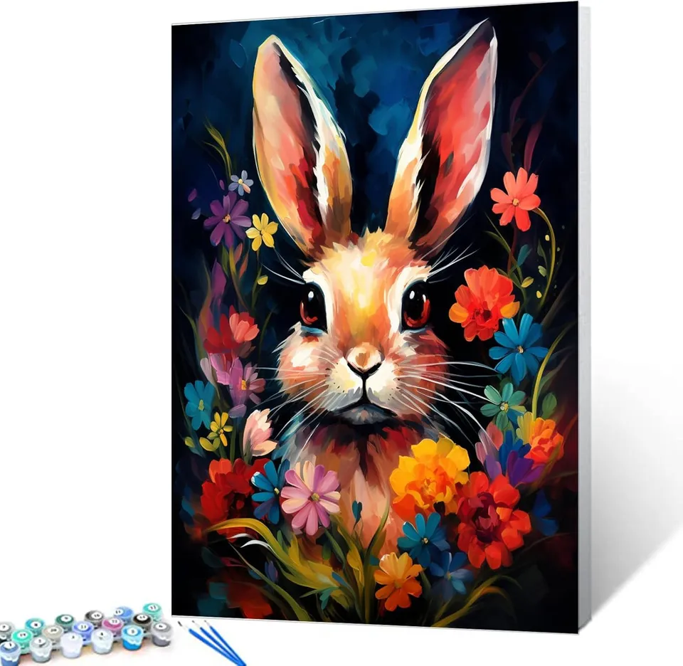 tucocoo-abstract-rabbit-among-flowers-malen-nach-zahlen-hase image 1