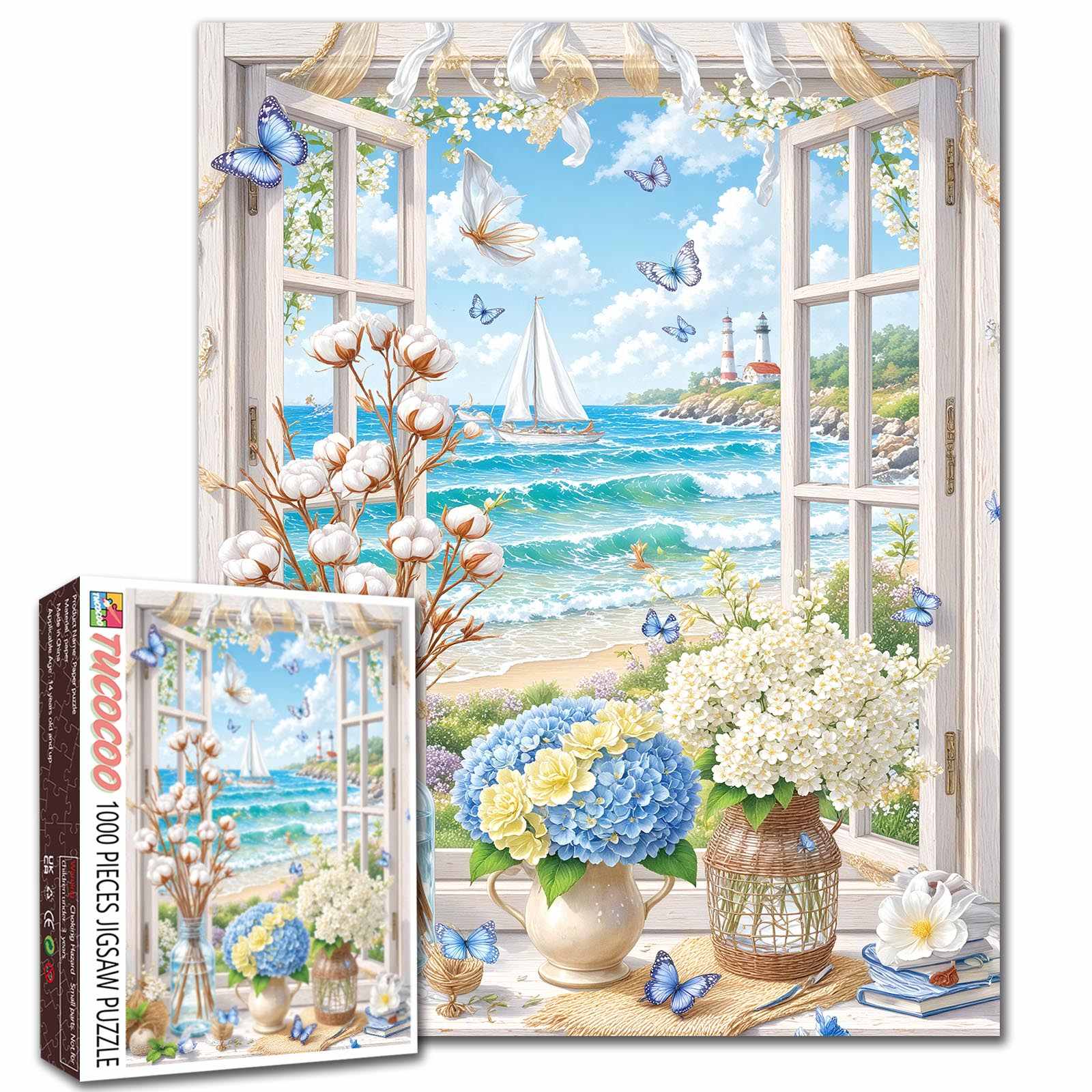 tucocoo-seaside-window-puzzle-1000-teile-hortensien image 1