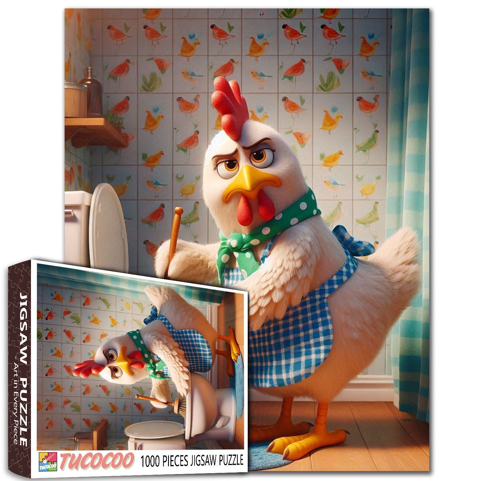tucocoo-grumpy-chicken-cleaning-bathroom-puzzle-1000teile-huhn image 1