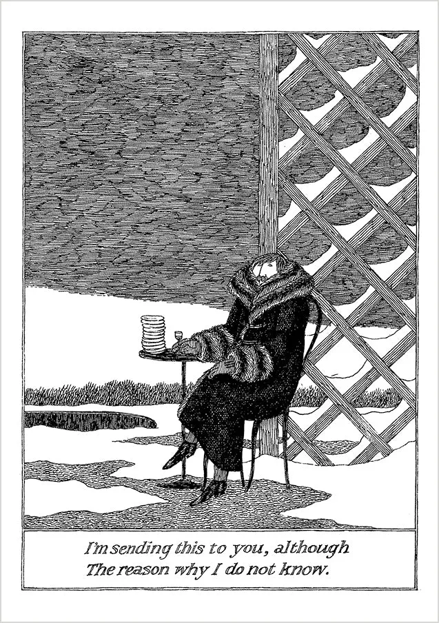 pomegranate-edward-gorey-sending-this-to-you-klappkarte-blanko-humor image 1