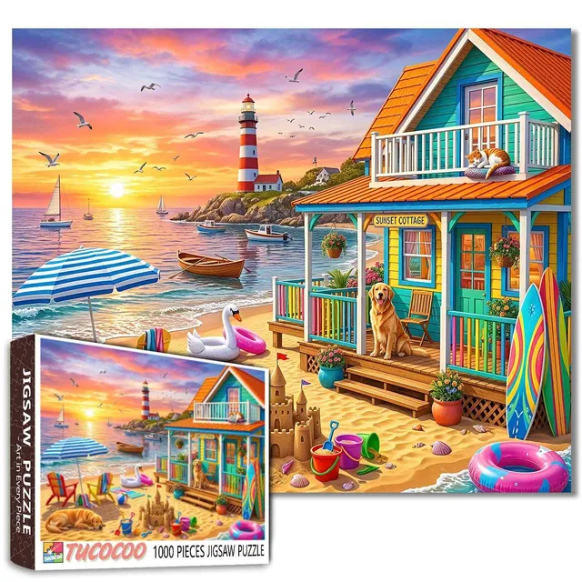 tucocoo-sunset-lighthouse-beach-cottage-puzzle-1000teile image 1