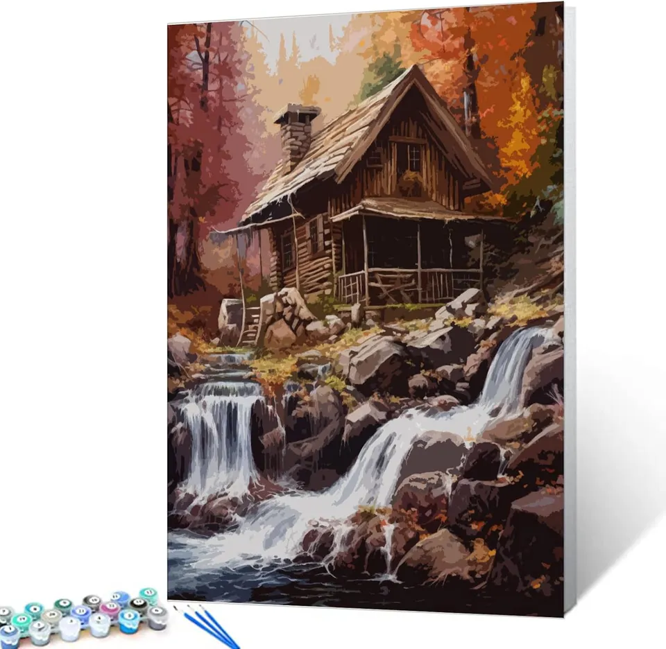 tucocoo-h-tte-wasserfall-herbst-malen-nach-zahlen-40x50 image 1