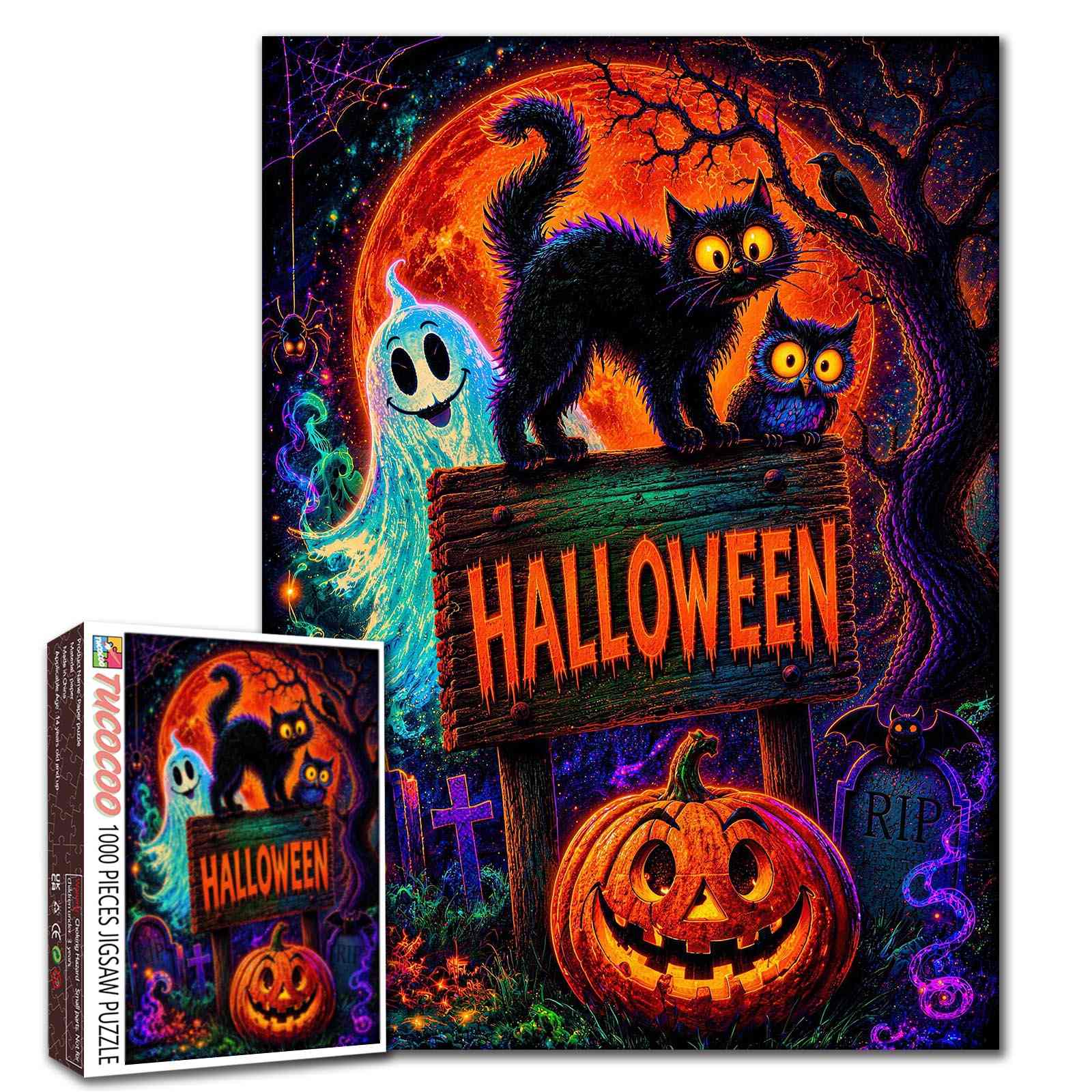 tucocoo-neon-black-cat-halloween-night-puzzle-1000-teile image 1